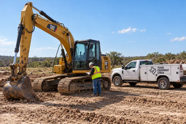 A Texas Equipment Check inspector reviewing a yellow CAT excavator on a dirt jobsite, with the company's branded white service truck parked alongside