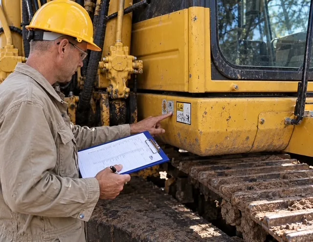 Close-up of a Texas Equipment Check inspector examining hydraulic lines and a safety decal on a piece of yellow equipment, clipboard in hand